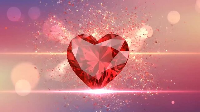 A glowing red heart shaped gemstone sparkles against a soft blurred background