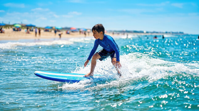 Young boy surfing small wave ocean beach surfboard water summer sport child rides blue surfboard on sunny coast with joyful focus splash foam shoreline seaside crowd