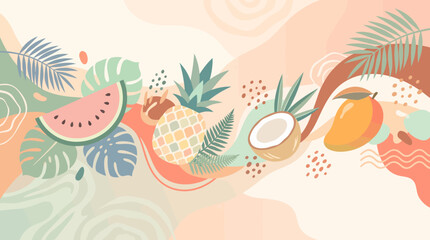 Naklejka premium Tropical summer vector banner illustration with exotic fruits, palm leaves, and abstract organic shapes. A vibrant, refreshing design featuring watermelon, pineapple, coconut, and mango elements.