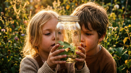 Fototapeta premium Child caterpillar jar nature curiosity garden leaf insect held by two young children observing wildlife in warm sunlight with gentle wonder