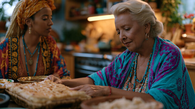 An Eritrean woman arranges a September table setting blending traditional coffee ceremony items with a Rosh Hashanah honey dish gifted by a Jewish neighbor, the two women seated across from each oth