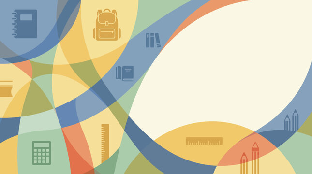 Abstract back to school banner design with overlapping colorful shapes and school supply icons like backpacks, books, calculators, and pencils, creating a modern educational frame for student projects