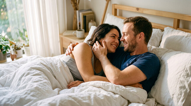 Pareja cari&ntilde;osa compartiendo un momento &iacute;ntimo y afectuoso entre s&aacute;banas blancas en un dormitorio iluminado por luz natural c&aacute;lida.