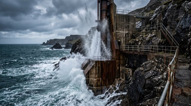 Coastal wave energy converter structure battered by large ocean waves on a rocky coastline.