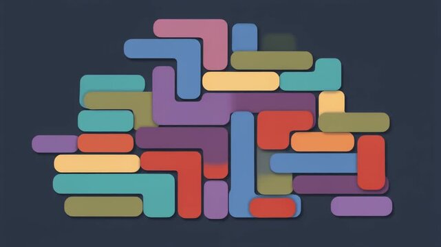 Dynamic abstract animation of colorful rounded rectangle and circular shapes forming a complex pattern, symbolizing data integration, connectivity, and strategic growth
