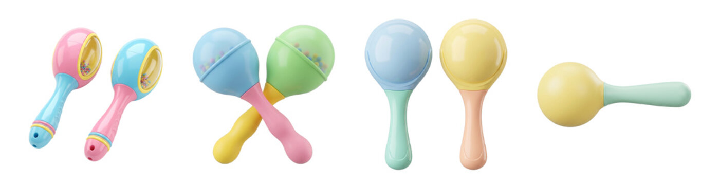 Colorful plastic baby rattles and musical instruments designed with smooth rounded edges in vibrant pastel shades sitting on transparent background