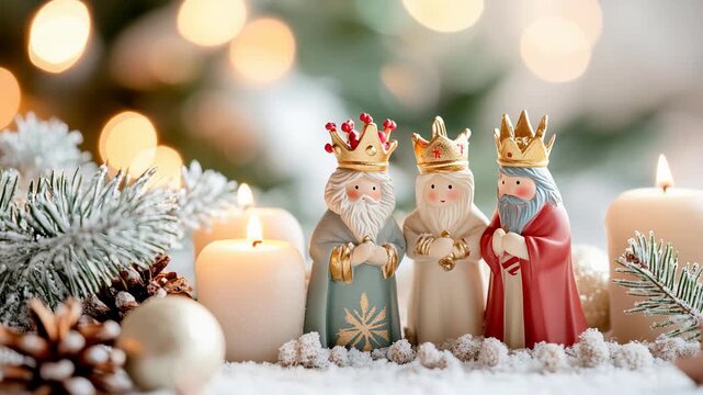 Three wise men figurines in festive setting with holiday lights and snow