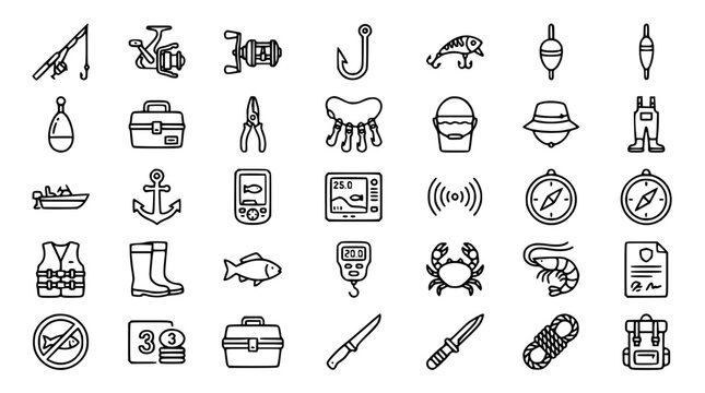 Simple Fishing and Angling Line Icons Set with Fisherman Equipment Echo Sounder and Safety Symbols Editable Stroke Vector