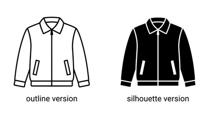 Jacket Icon Set: A set of jacket icons, featuring both an outline version and a silhouette version, perfect for graphic design and fashion applications. © BD