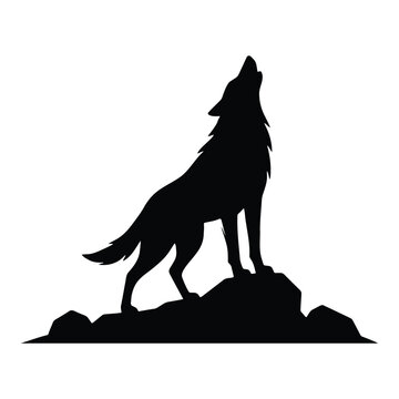 Black silhouette of a lone wolf howling while standing on a rugged rock formation