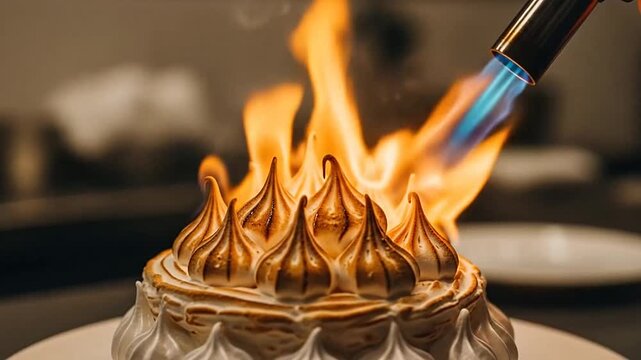 A culinary torch browns the peaks of a sweet meringue dessert