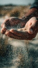 Fototapeta premium Close up of human hands letting sand fall in the air, symbolizing time, change, and letting go, with soft background and copy space for text.