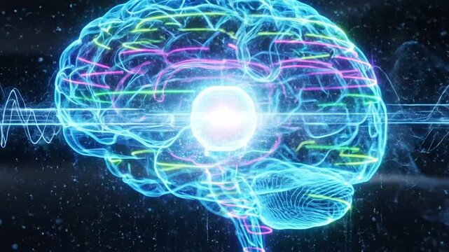A glowing digital brain representation with light waves and particles