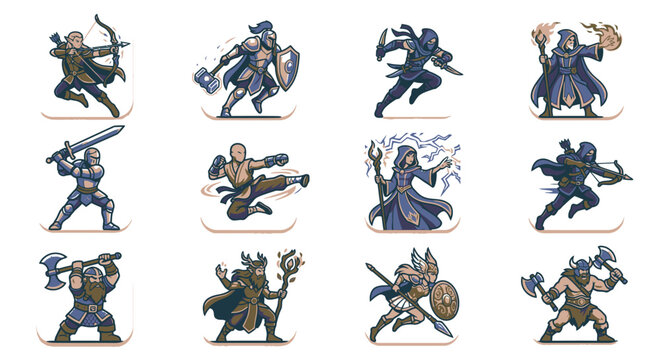 Action pose fantasy character sprites set.