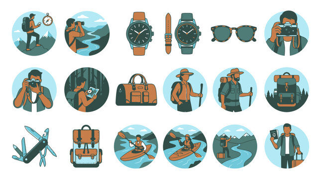 Adventure and outdoor travel icon set collection.