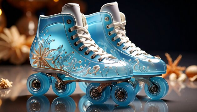 Pair of glowing translucent blue roller skates decorated with delicate seashell patterns and sparkling details