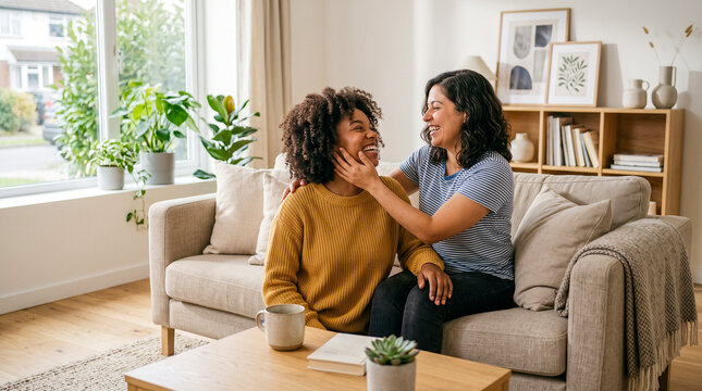 Pareja de mujeres en el sal&oacute;n de su casa compartiendo risas y caricias afectuosas en un ambiente luminoso, moderno y acogedor.