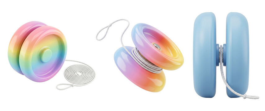 Vibrant rainbow and pastel blue yoyos with white strings displayed in a collection of isolated high quality items on transparent background