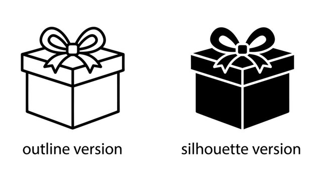 Gift Box Icon: Two identical gift boxes are presented side by side; one is a simple outline drawing and the other a solid silhouette, both featuring a tied bow on top.