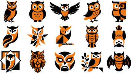 Fototapeta premium Set of cute cartoon owls for haloween party decorations and festive autumn season design elements on white background