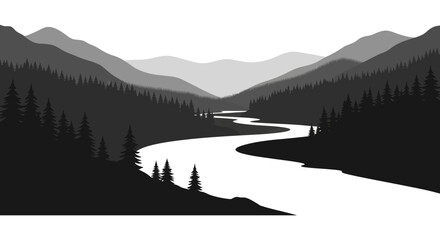 Mountain landscape with winding river grayscale silhouette © Sakib