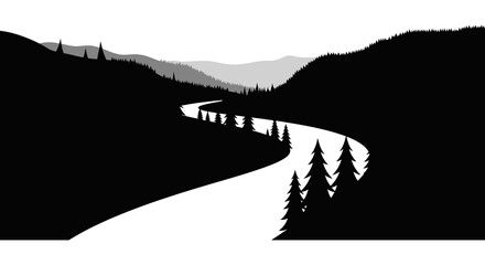 Mountain landscape with winding river and coniferous trees silhouette © Sakib
