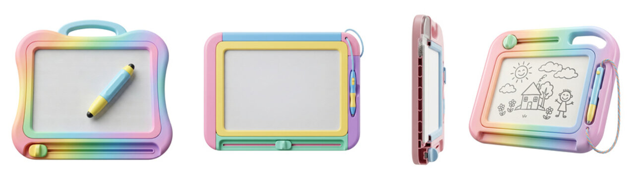 Colorful magnetic drawing boards for creative children displayed in various angles and orientations showcasing vibrant plastic frames on transparent background