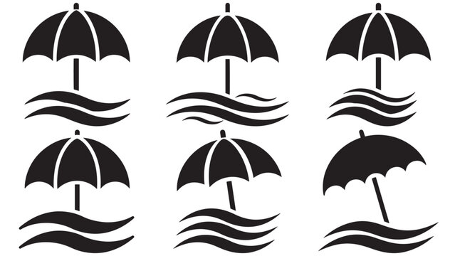 Umbrella icons with rain wave symbols isolated on black background for weather protection and storm design concepts