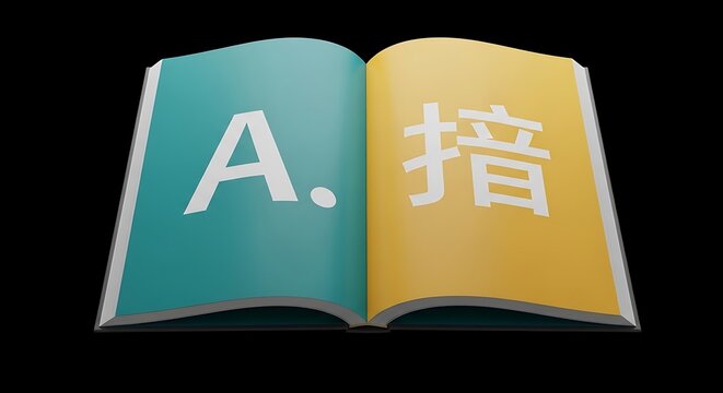 3D Open Book with English and Chinese Characters Concept
