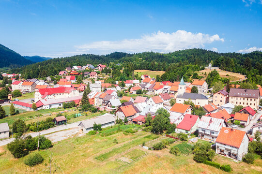 Aerial view of summer countryside landscape, town of Lokve in Gorski kotar, Croatia