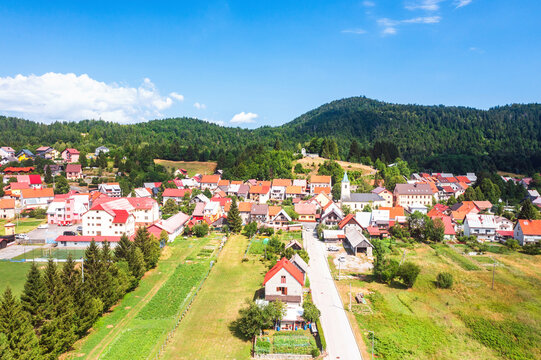 Aerial view of summer countryside landscape, town of Lokve in Gorski kotar, Croatia