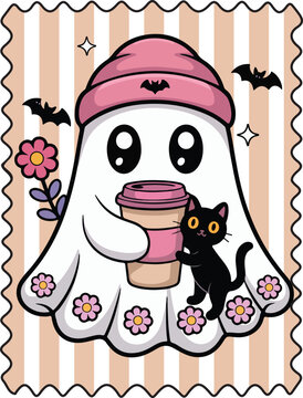  Cute Ghost Coffee Black Cat Pink Halloween Clipart

