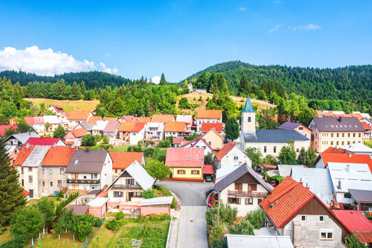 Aerial view of summer countryside landscape, town of Lokve in Gorski kotar, Croatia