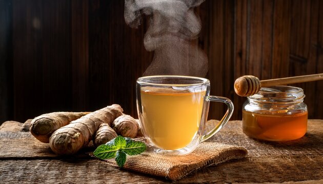 A Steaming Mug Of Ginger Tea With Honey Rustic Wooden Setting Natural Earthy Tones Calming Aesthetic Composition