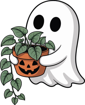  Ghost Holding Pumpkin Plant Pot Halloween Clipart
