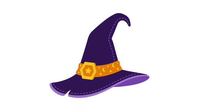Purple witch hat illustration with a wide brim, accented by a golden band featuring a star and crescent moon pattern, showcasing intricate stitching details on a clean white background.