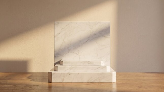 Minimalist marble podium on wooden table with warm sunlight shadow for product presentation