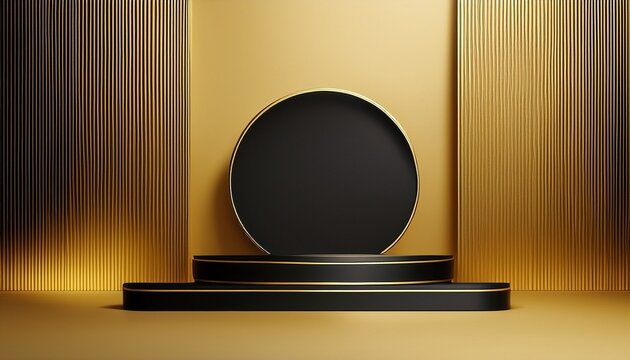 D Rendering Of Black And Gold Empty Circle Pedestal Between Black Arch Wall Mockup On Gold Background