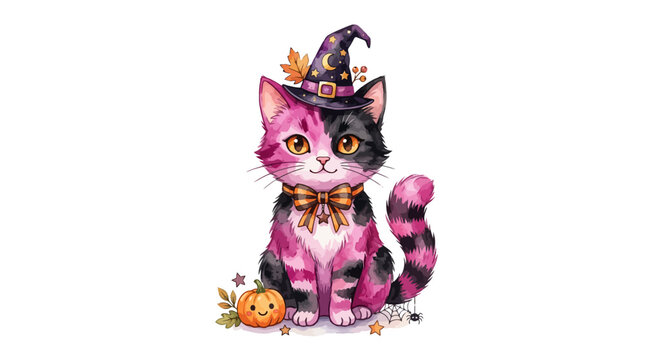 Charming pink and black cat dressed in a witch hat and bowtie sits beside a small pumpkin, exuding whimsical Halloween spirit with autumn leaves.