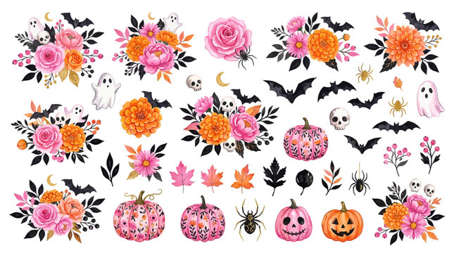 Vibrant Halloween floral bouquets and decorative elements, including pink and orange flowers, spooky pumpkins, bats, ghosts, and spiders, create a festive and whimsical collection for seasonal.