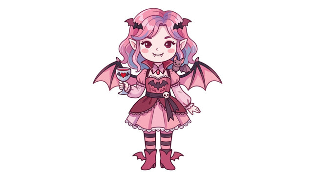 Vampire girl chibi character, depicted with pink hair, bat wings, and a dark pink dress, holding a glass of red liquid, on a bright white background.
