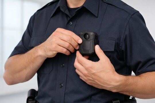 Police officer adjusting body worn camera on uniform with recording enforcement security equipment technology accountability evidence policing
