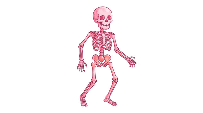 Skeleton illustration of a human body, featuring pink and red bones, designed with a cartoon aesthetic on a clean white background.