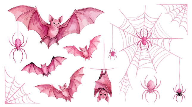 A collection of pink watercolor bats in various flight poses, alongside delicate pink spider webs and spiders, presents a charmingly spooky and unique Halloween motif perfect for festive designs.