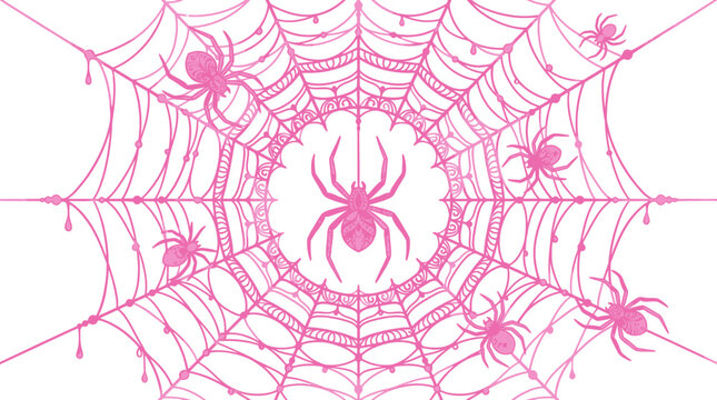 Pink spiders of varying sizes are intricately woven into a delicate web pattern, creating a whimsical and slightly eerie aesthetic on a pristine white background, perfect for a Halloween-themed.