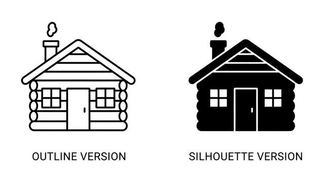 Log Cabin Icons: Two stylized depictions of a log cabin, one an outline and the other a silhouette, represent rustic dwelling and simple living.
