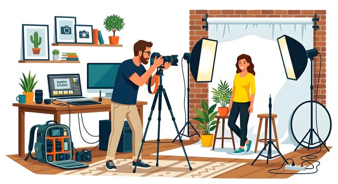 Professional photographer shooting models in a studio. Creative team capturing fashion portraits with DSLR and lighting equipment.