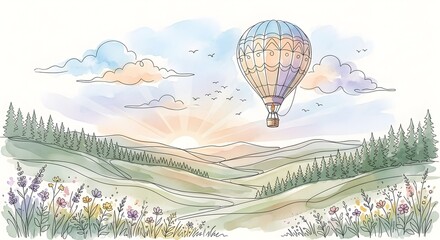 Obraz premium Floating hot air balloon drifting over scenic landscape. Minimalist watercolor aerial travel illustration with soft pastel tones.