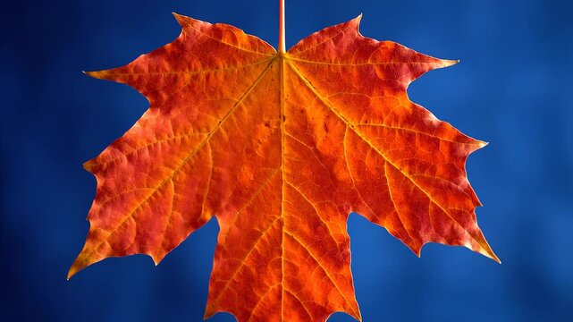 Vibrant orange maple leaf against a deep blue background