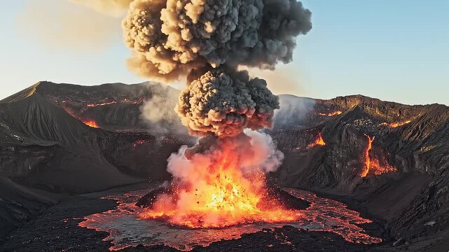 Powerful volcanic eruption with massive ash clouds and glowing lava